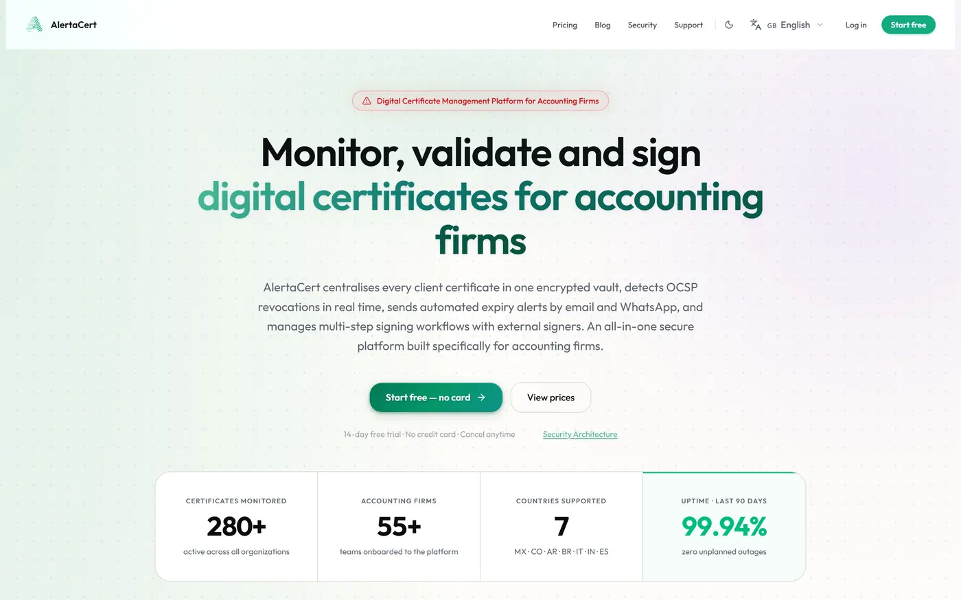 The AlertaCert site, showing certificate expiry monitoring and multi-signer PDF workflows alongside published status figures.