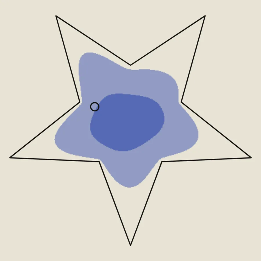 A five-pointed star outline drawn on pale ground, filled with a smooth two-tone blue field showing how far the membrane is displaced in the mode that is ringing.