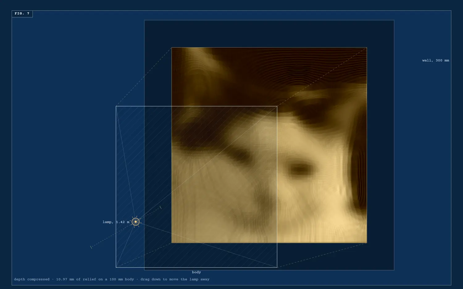 A measured three-dimensional diagram: a lamp, a clear plate, and the photograph of a cat that the plate's refracted light forms in warm amber on the wall behind it.